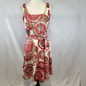 Vintage white red and mocha burst square neck cotton dress size 8